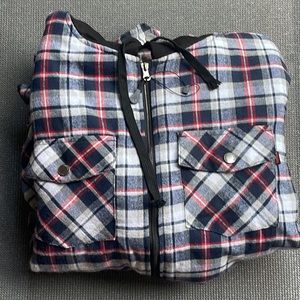 New Without Tags Quilted Flannel Black Hooded Coat Red White and Navy Blue